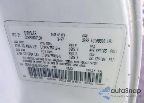 1997 Dodge Ram 2500 St из США, поврежденный, VIN 3B7KF23W6VM562797